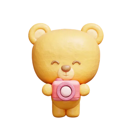 3 D Cute Bear Holding Camera Cartoon Animal Character 3 D Rendering 3D Illustration