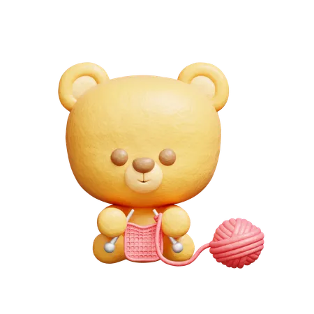 3 D Cute Bear Knitting Cartoon Animal Character 3 D Rendering 3D Illustration