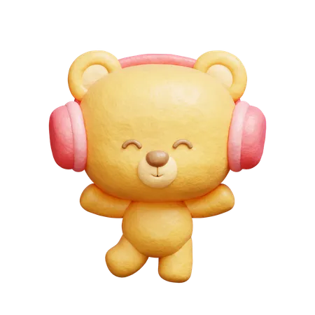 3 D Cute Bear Listening To Music With Headphones Cartoon Animal Character 3 D Rendering 3D Illustration