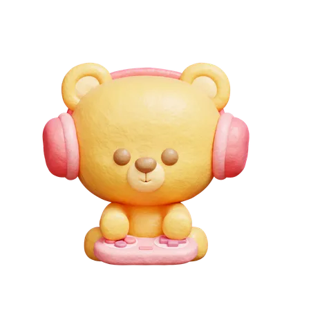 3 D Cute Bear Playing Video Game Cartoon Animal Character 3 D Rendering 3D Illustration
