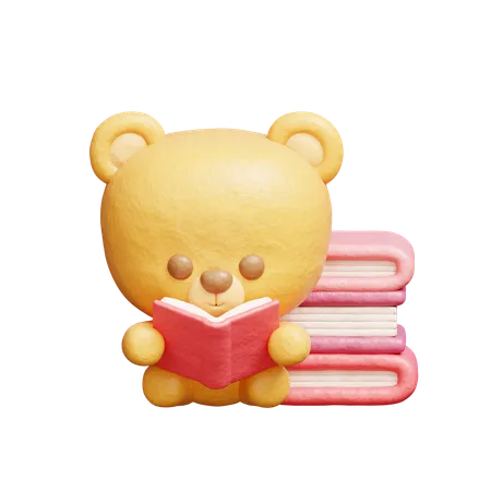 3 D Cute Bear Reading A Book Cartoon Animal Character 3 D Rendering 3D Illustration