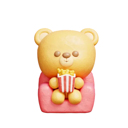 3 D Cute Bear Watching A Movie Cartoon Animal Character 3 D Rendering 3D Illustration