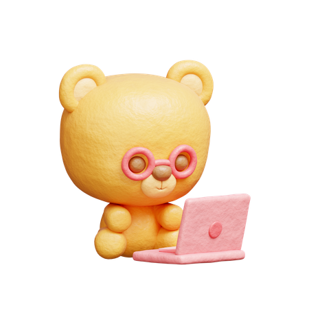 Bear Working On Laptop  3D Illustration