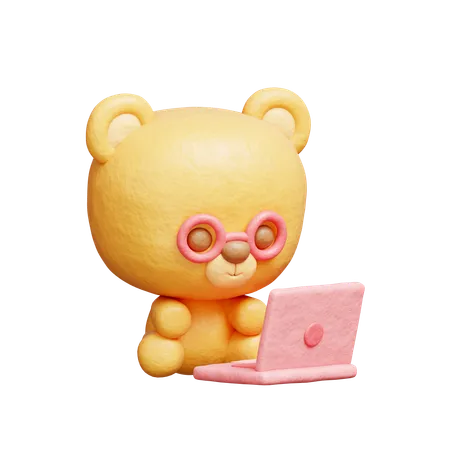 3 D Cute Bear Working On Laptop Cartoon Animal Character 3 D Rendering 3D Illustration