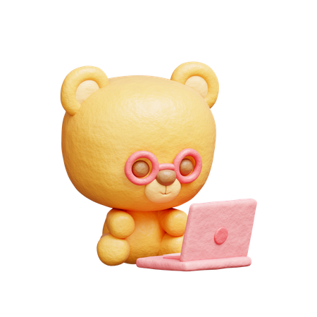 Bear Working On Laptop  3D Illustration