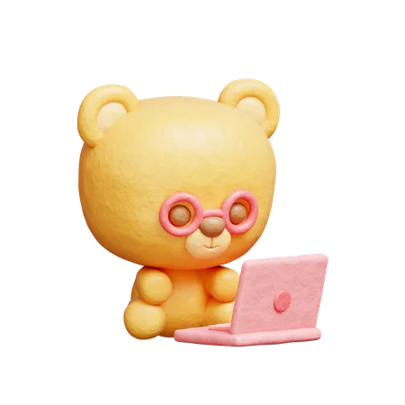 Bear Working On Laptop  3D Illustration