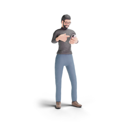 Beard man pointing into the phone 3D Illustration