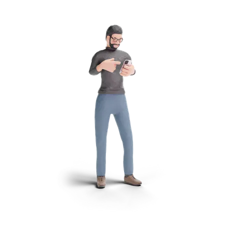 Hipster Man Pointing To Phone In Transparent Background 3 D Illustration 3D Illustration