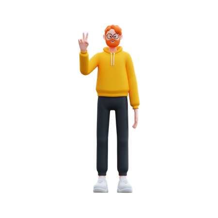 Beard man showing peace sign 3D Illustration