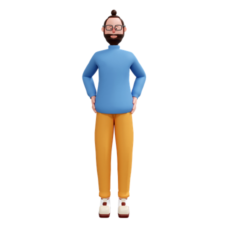 Beard man standing putting hands on waist 3D Illustration