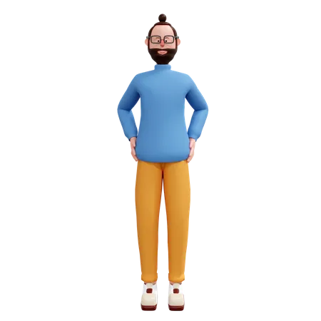 Beard man standing putting hands on waist 3D Illustration