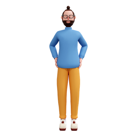 Beard man standing putting hands on waist  3D Illustration