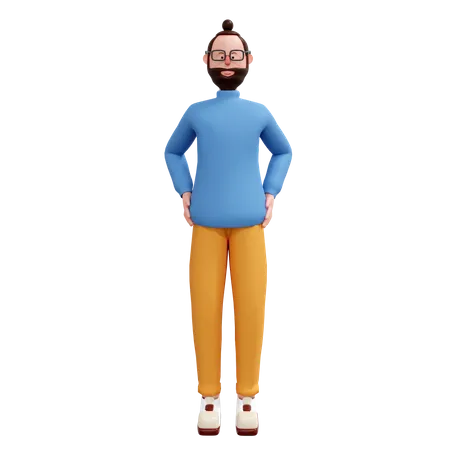 Beard man standing putting hands on waist  3D Illustration