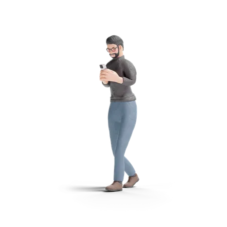 Beard man  using phone while walking  3D Illustration