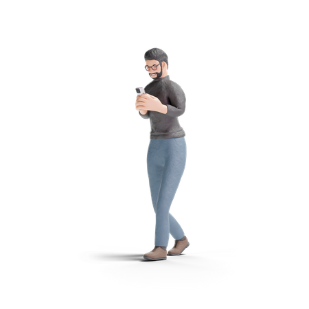 Beard man  using phone while walking 3D Illustration