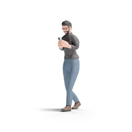 Beard man  using phone while walking 3D Illustration