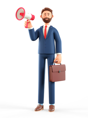 Bearded businessman holding a megaphone  3D Illustration