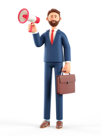 Bearded businessman holding a megaphone  3D Illustration