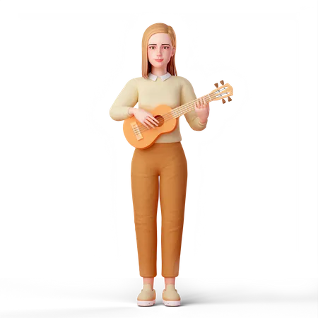 Beautiful lady playing guitar and singing 3D Illustration