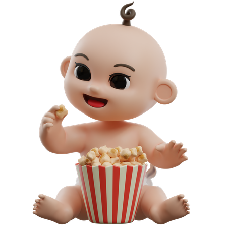 Bébé mange du pop-corn  3D Illustration