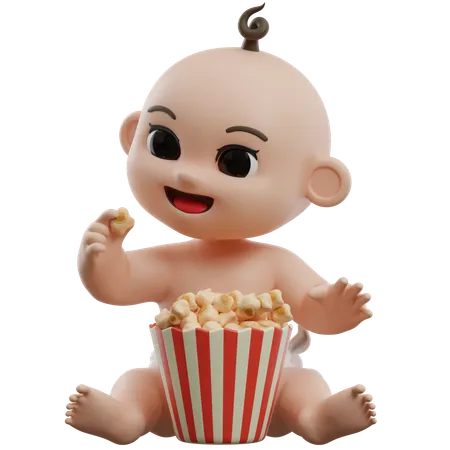 Bébé mange du pop-corn  3D Illustration