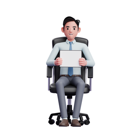 Bel homme d'affaires assis dans une chaise de bureau tenant une tablette et montrant l'écran paysage de la tablette  3D Icon
