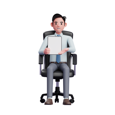 Bel homme d'affaires assis dans une chaise de bureau tout en présentant avec une tablette  3D Icon