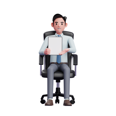 Bel homme d'affaires assis dans une chaise de bureau tout en présentant avec une tablette  3D Illustration