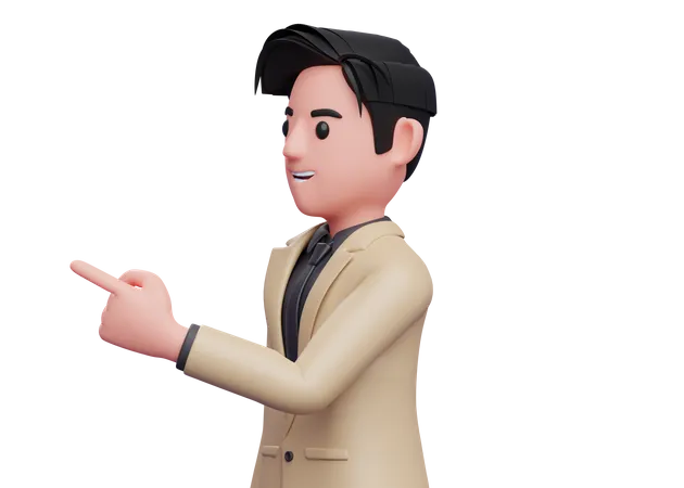 Homme d'affaires faisant face sur le côté et pointant du doigt  3D Illustration