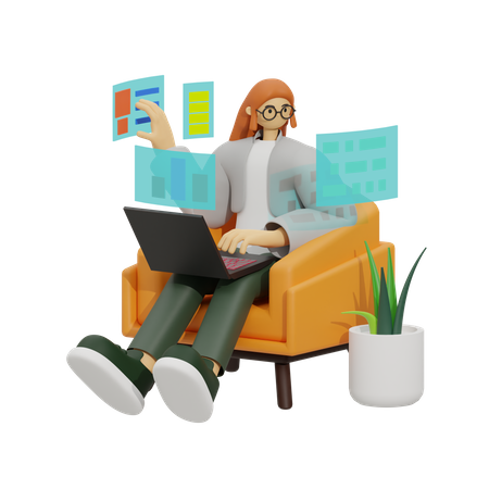 Bequem und vernetzt: Der Arbeitsalltag auf dem Sofa  3D Illustration