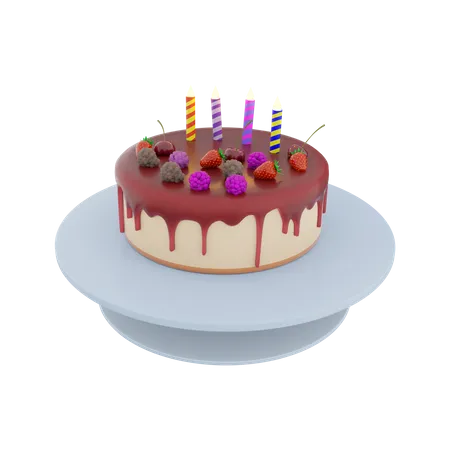 3 D Rendering Cake With Fruit Glaze And Berries With Candles Icon 3 D Render Appetizing Cooked Birthday Cake With Sweet Taste Icon Cake With Fruit Glaze And Berries With Candles 3D Icon