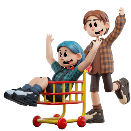 Best Friend Enjoy Playing Trolley  3D Illustration