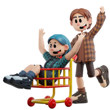 Best Friend Enjoy Playing Trolley  3D Illustration