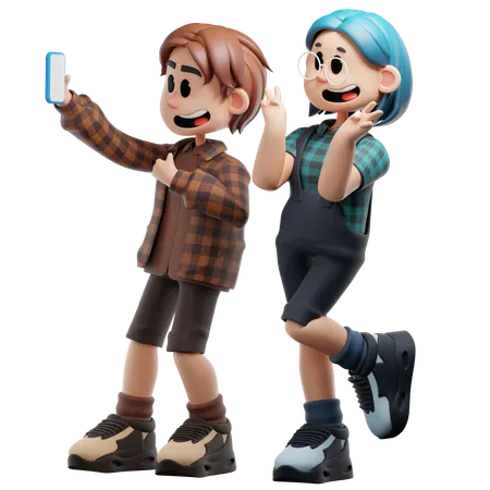 Best Friend Taking Selfie Photo Using Mobile  3D Illustration