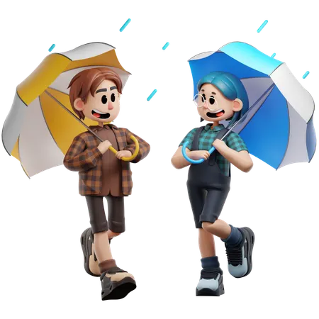 Best Friends Enjoying Rainy Day  3D Illustration