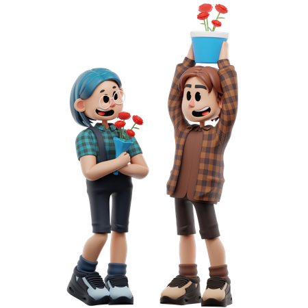 Best Friends Giving Flowers  3D Illustration