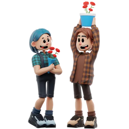 Best Friends Giving Flowers  3D Illustration