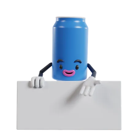 Beverage cans character standing behind white banner and showing pose with left hand  3D Illustration