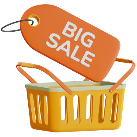 3 D Big Sale Tag With Shopping Basket Illustration 3D Icon