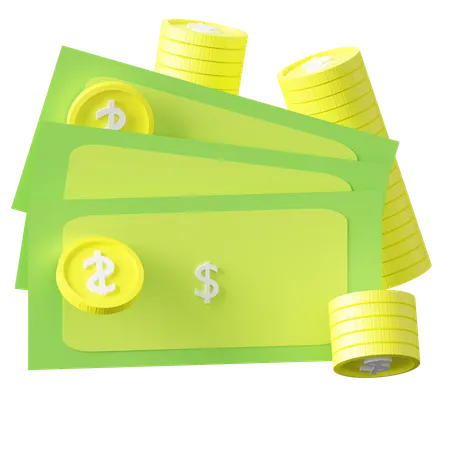 Billets de banque et piles de pièces  3D Icon
