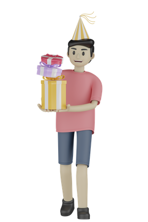 Birthday Boy Holding Gifts 3D Illustration