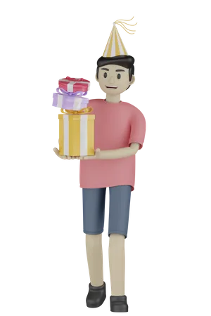Birthday Boy Holding Gifts 3D Illustration