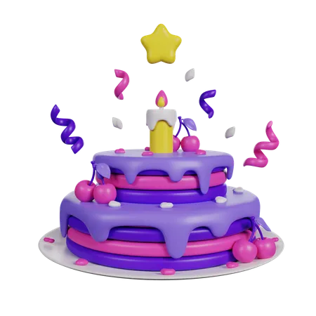 Birthday Cake With One Canble And Confetti 3 D Render Icon 3D Icon