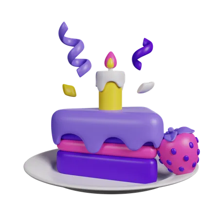 Piece Of Birthday Cake With One Canble And Confetti 3 D Render Icon 3D Icon