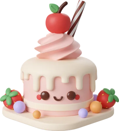 Birthday cake with cherry decorated by strawberry  3D Icon