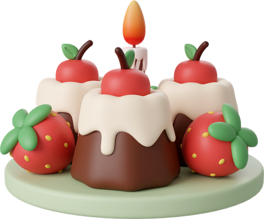 Birthday cake with cherry decorated by strawberry  3D Icon