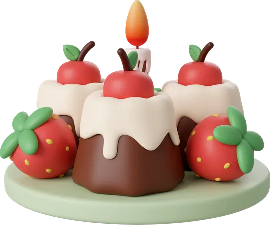 Birthday cake with cherry decorated by strawberry  3D Icon