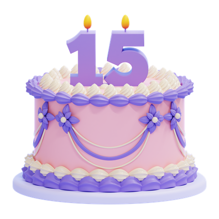 15번 촛불이 켜진 생일 케이크  3D Icon