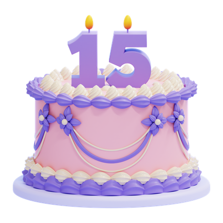 Birthday Cake with Number 15 Candle  3D Icon