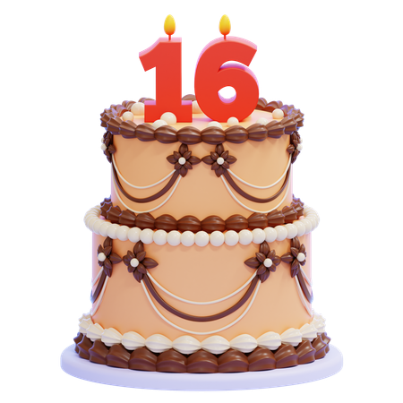 16번 촛불이 켜진 생일 케이크  3D Icon